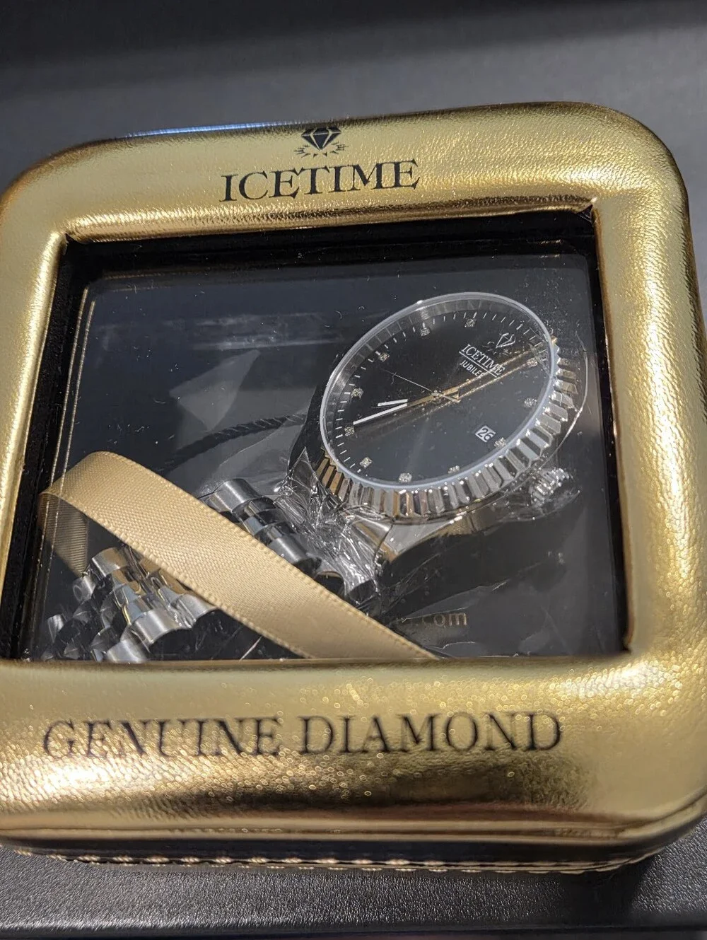 IceTime Jubilee 41mm Men White Gold Steel Watch Black Dial Iced 0.10ct Diamonds